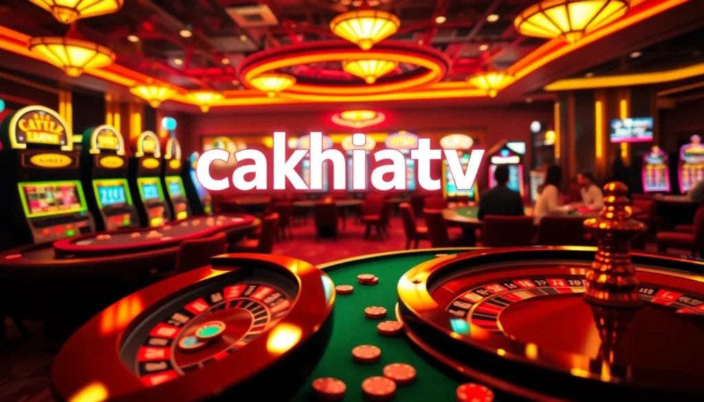 Cakhiatv showcases an exciting casino atmosphere with vibrant roulette wheels and engaged poker players.