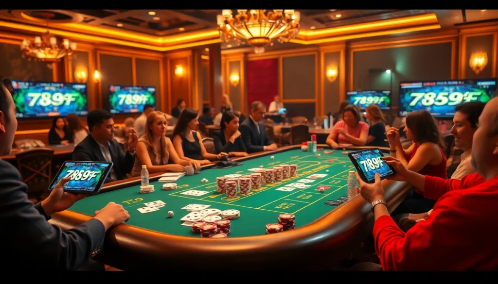 A thrilling scene of players engaged with the 789f game at an online casino table, showcasing vibrant poker chips and cards.